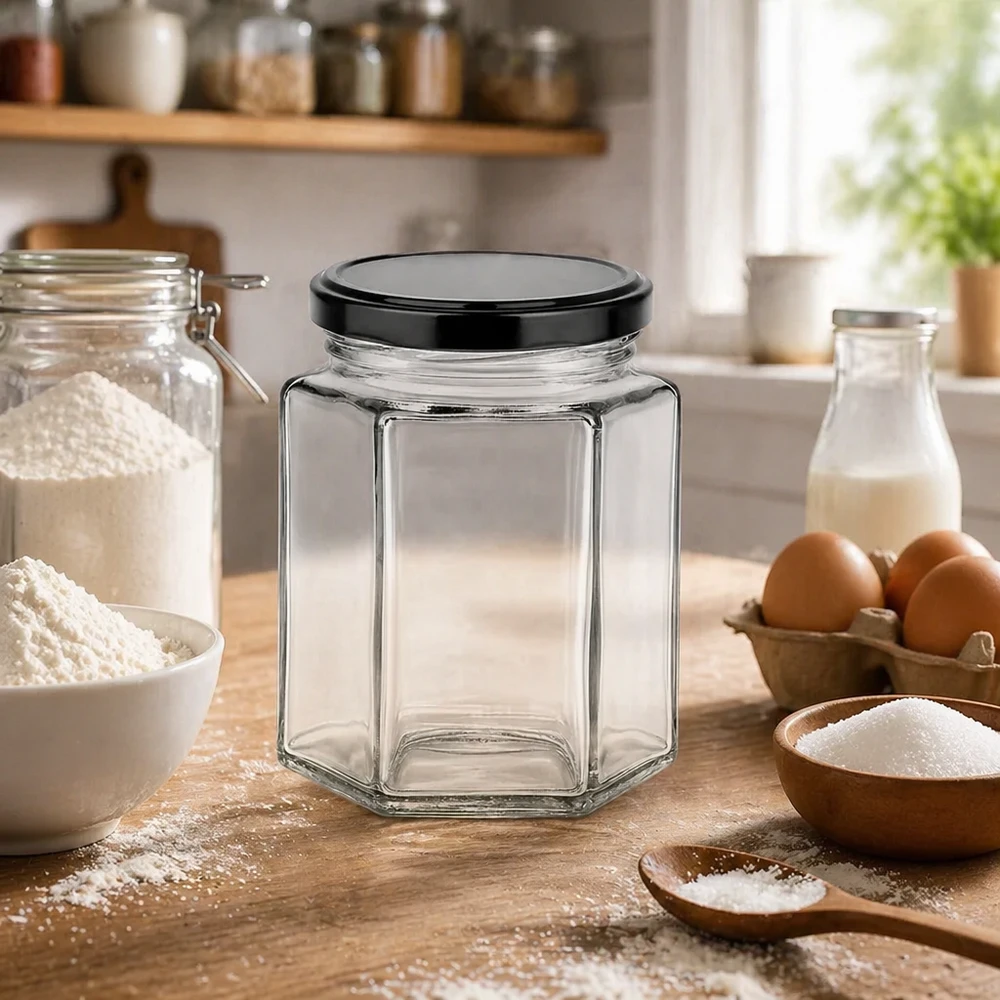 196ml Verre hexagonal avec couvercle BasicSeal noir UNiTWIST 196ml Hexaglas vide sur plan de travail en bois avec ingrédients de cuisson - montre l'intégration de cuisine du verre hexagonal avec noir