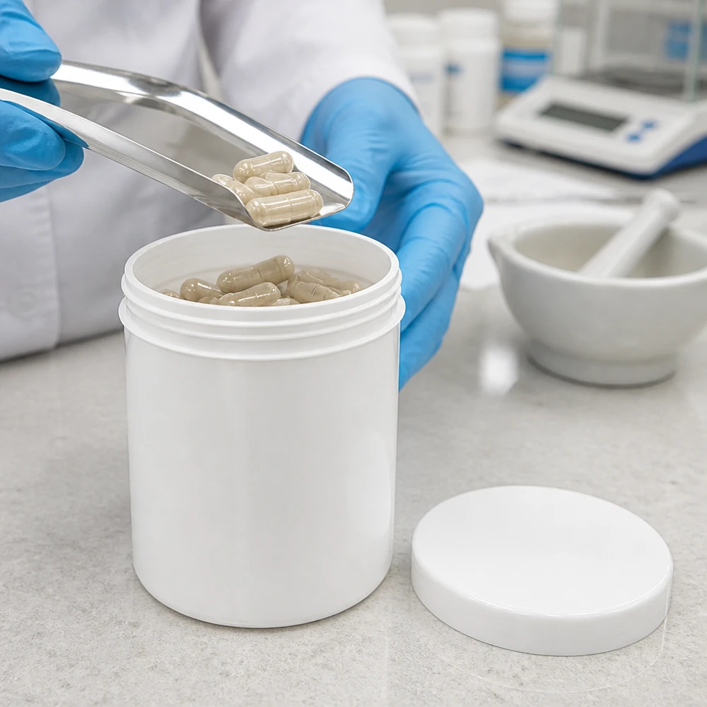 Pot à onguent blanc 20 g avec couvercle blanc (PP) Conditionnement pharmaceutique de gélules dans des pots en PP blancs de 20 g avec couvercle à vis