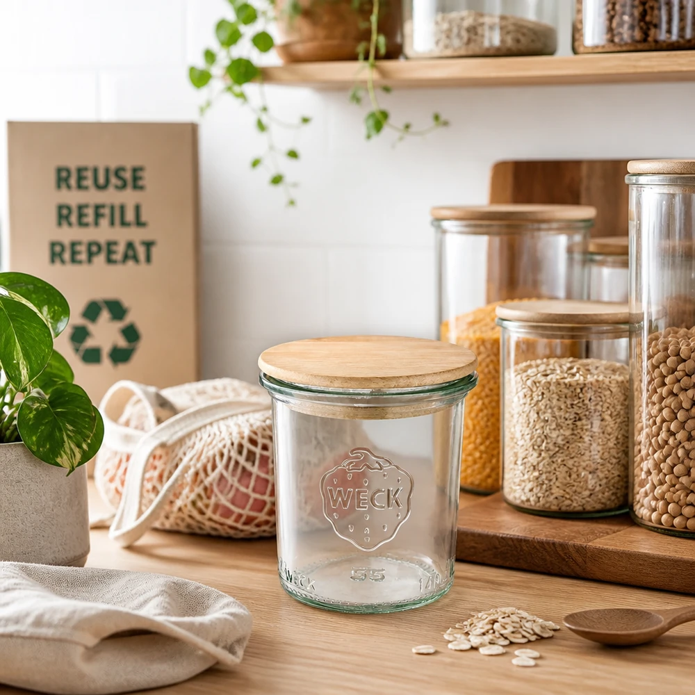 140ml bocal conique WECK RR60 avec couvercle en bois WECK Pot renversé 140ml RR60 Couvercle en bois dans la cuisine durable Zero-Waste avec bocaux à provisions et symbole de recyclage