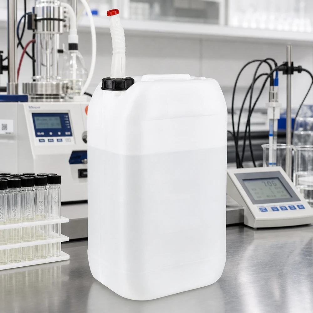 Bidon de 15 litres adapté au contact alimentaire, équipé d'un bec verseur flexible, pour un stockage sûr des liquides