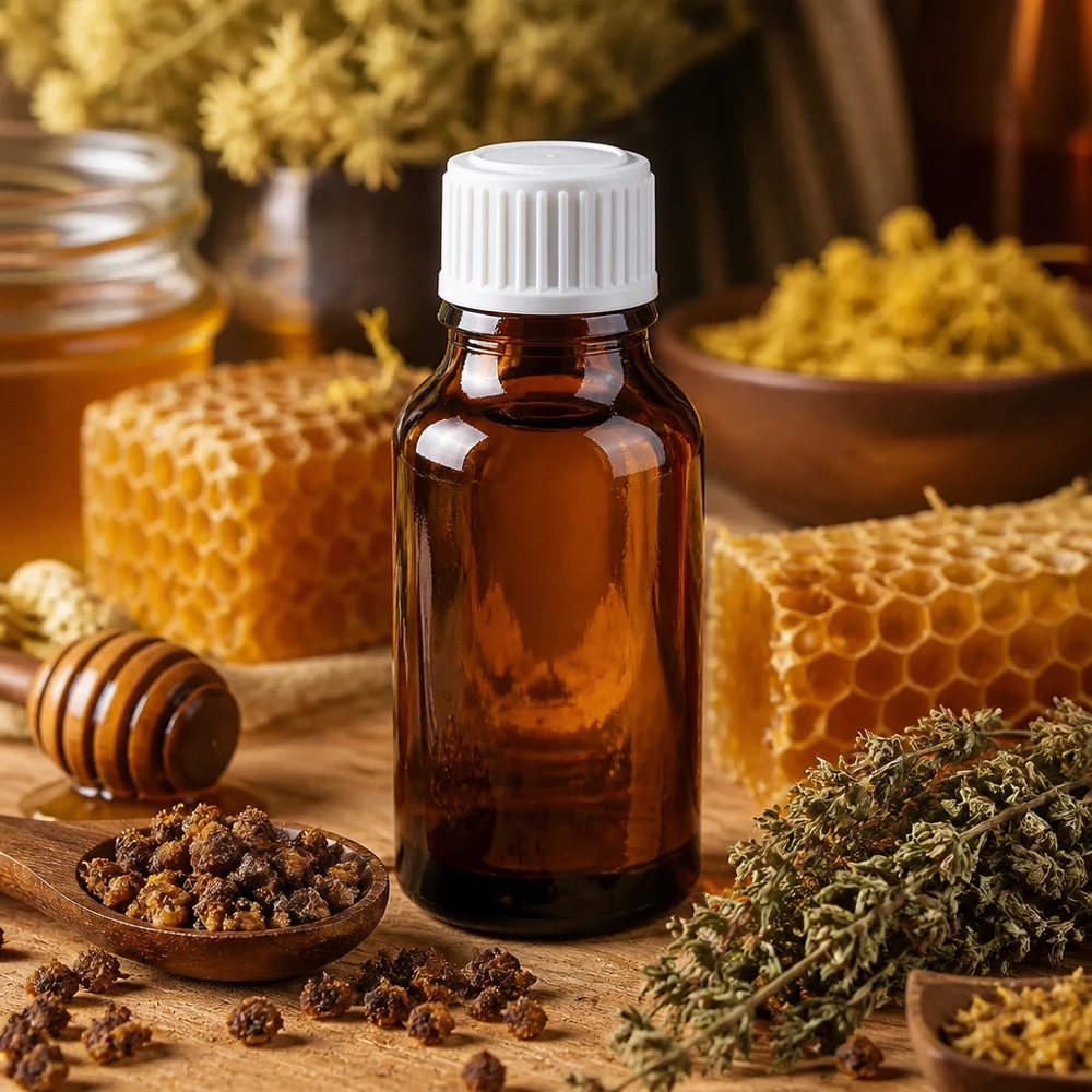 Flacon de pharmacie brun de 15 ml, à côté de rayons de miel, d'herbes et de grains de propolis posés sur du bois