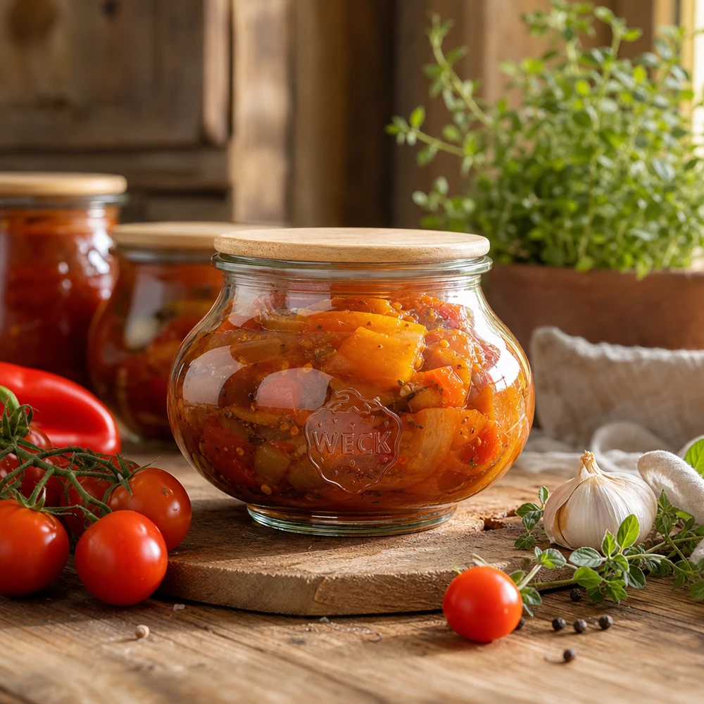 WECK Pot à provisions 560ml avec couvercle en bois rempli de tomates à tartiner dans une cuisine rustique avec des ingrédients frais