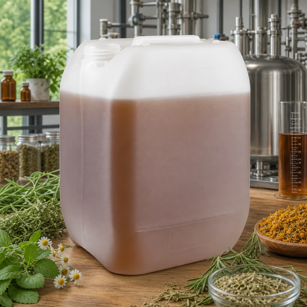 Bidon en plastique transparent de 10 litres contenant un produit de couleur brunâtre, destiné aux produits naturels, sans couvercle