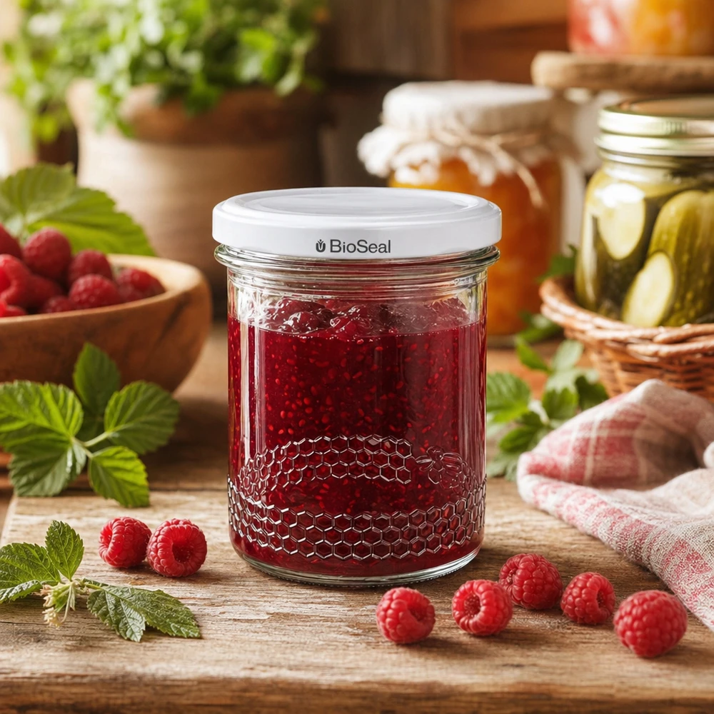 Confiture de framboises dans un pot de miel de 400 ml avec couvercle BioSeal entouré de framboises fraîches sur une planche en bois