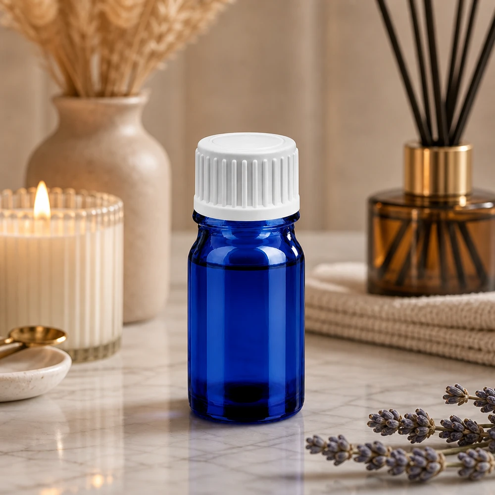 Flacon compte-goutte 5ml 0.9mm blanc STD BlueLine UT18/5 Bouteille en verre de 5ml de la série Premium BlueLine, idéale pour une utilisation professionnelle dans les spas et les centres de bien-être.