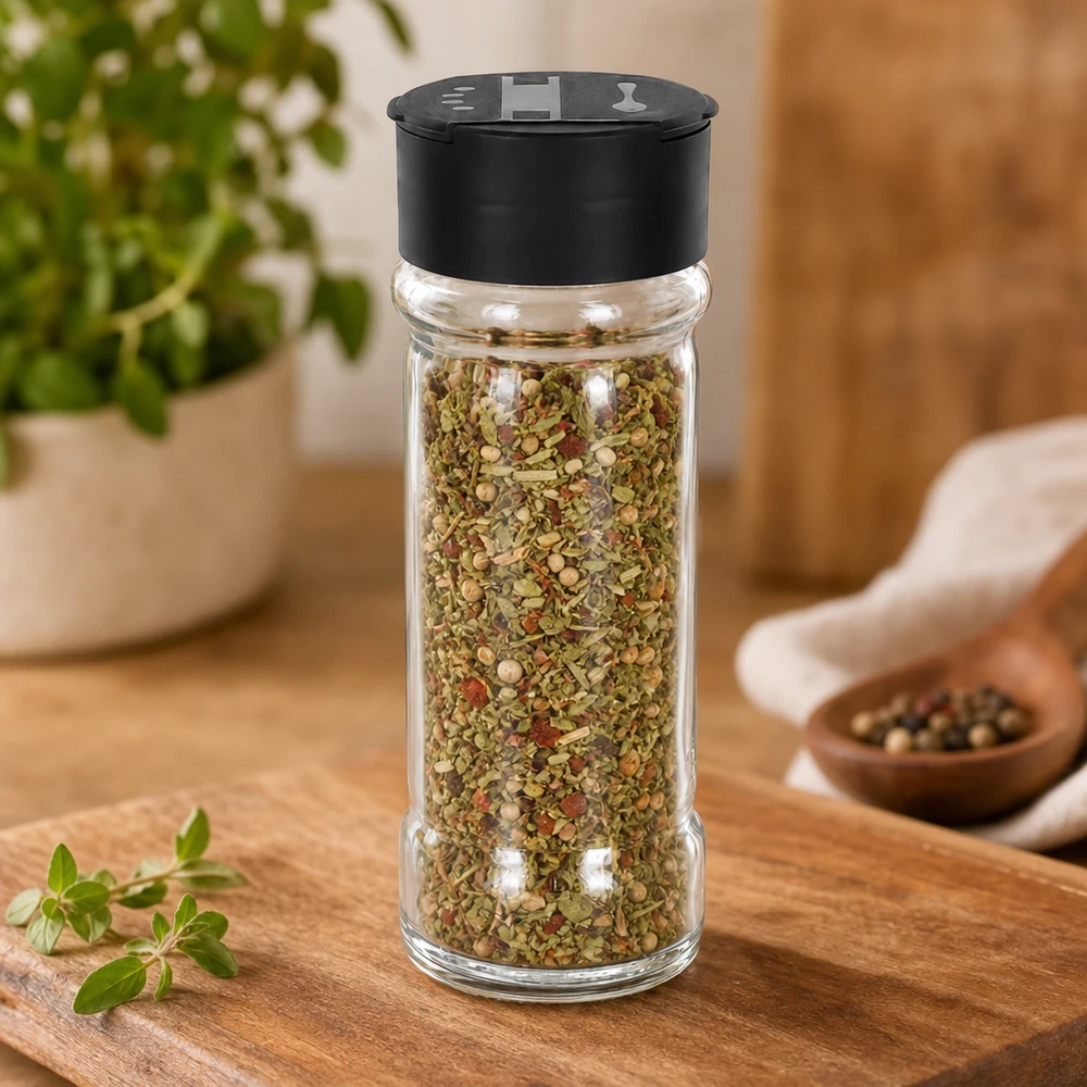 Pot à sel/épices 100 ml avec double saupoudreuse, noir Pot à sel et épices rempli de 100 ml d'herbes séchées, muni d'un bouchon en plastique noir