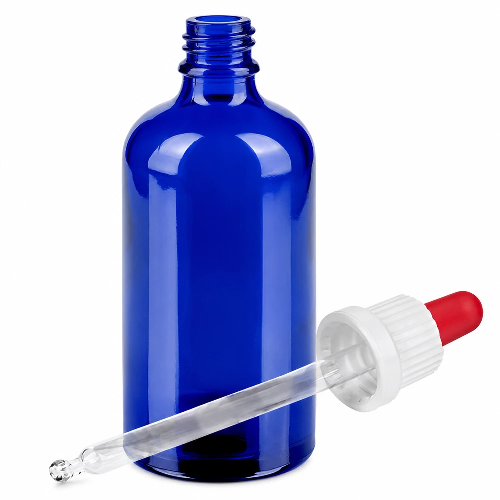 Flacon à pipette 100ml blanc/rouge OV BlueLine UT18/100 Flacon de laboratoire 100ml avec graduation et pipette compte-gouttes - idéal pour les réactifs et les solutions