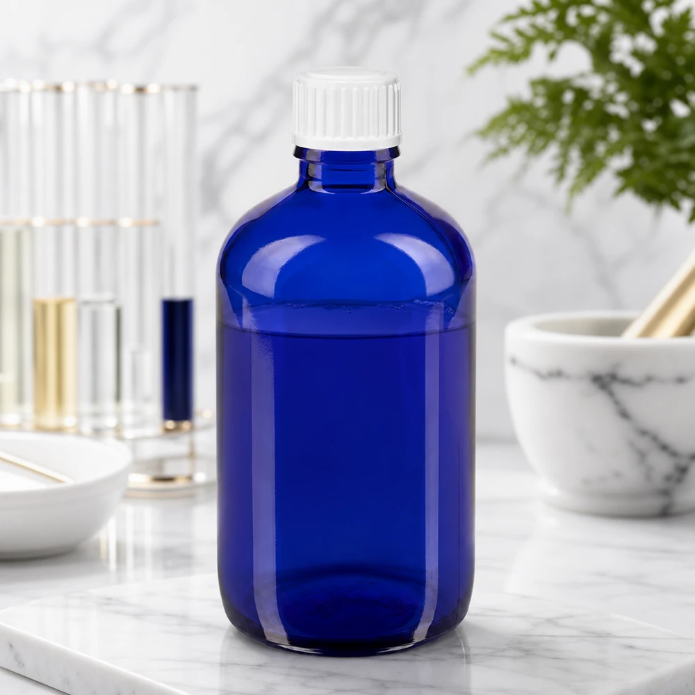 Bouteille en verre bleue de 100 ml avec un bouchon compte-gouttes blanc, posée sur du marbre à côté d'un mortier et d'un tube en verre