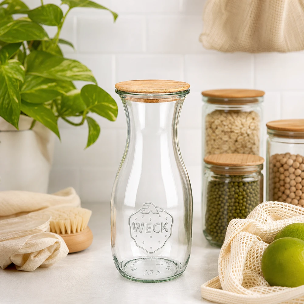 530ml Bouteille à jus de fruits WECK RR60 avec couvercle en bois WECK Bouteille de jus 530ml RR60 avec couvercle en bois dans la cuisine durable Zero-Waste à côté des produits écologiques et des plantes