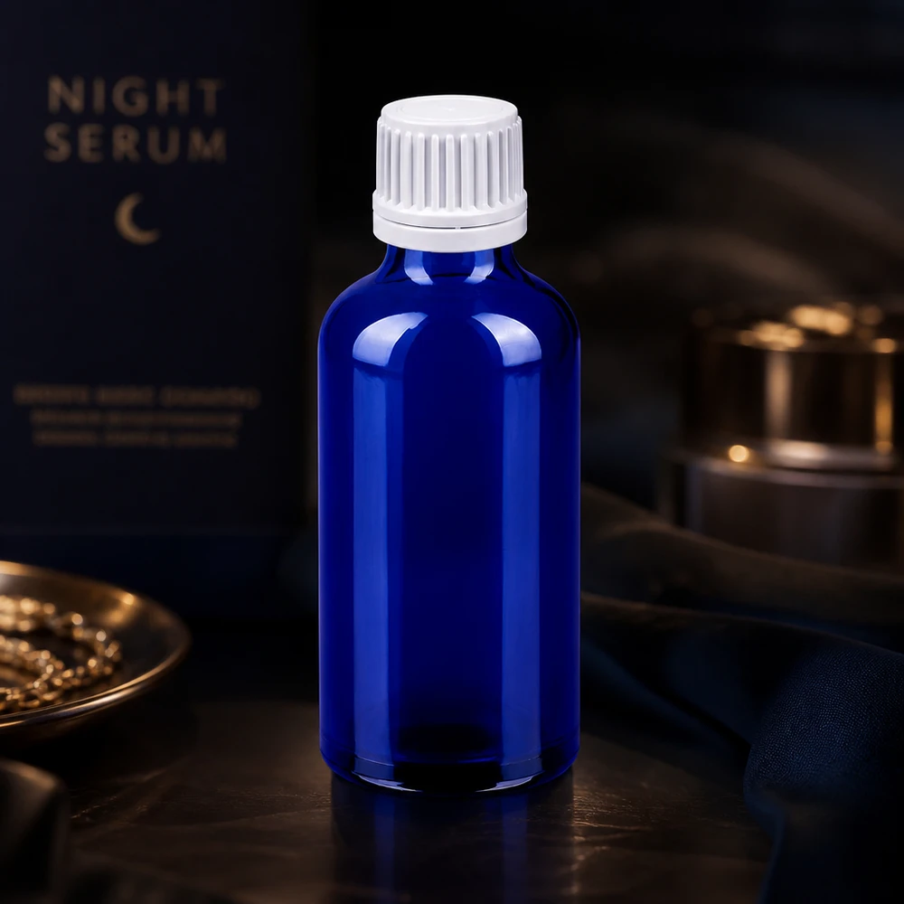 Flacon 50ml 11mm SV blanc OV BlueLine UT18/50 Le flacon bleu opaque de 50 ml protège les ingrédients sensibles des rayons UV