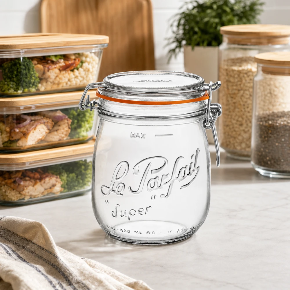Bocal Le Parfait® 750 ml Ø85 mm conserve 750ml Le Parfait Super bocal à provisions avec fermeture à étrier dans la cuisine moderne à côté d'autres récipients de conservation