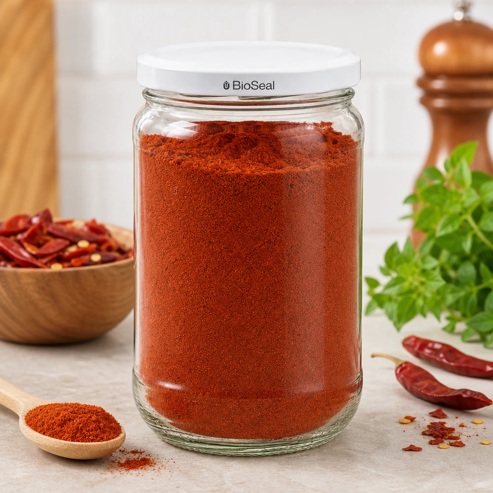 305ml Verre rond avec couvercle BioSeal blanc UNiTWIST UNiTWIST Runda305 avec couvercle blanc BioSeal rempli de paprika en poudre - conservation des épices dans la cuisine