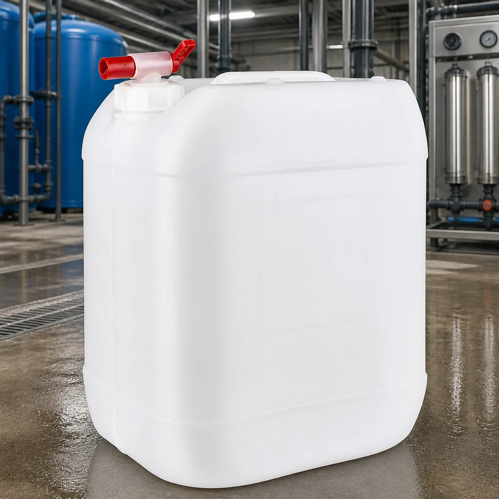 Bidon empilable en PEHD de 20 L, muni d'une poignée de transport et d'un robinet rouge, destiné aux produits chimiques