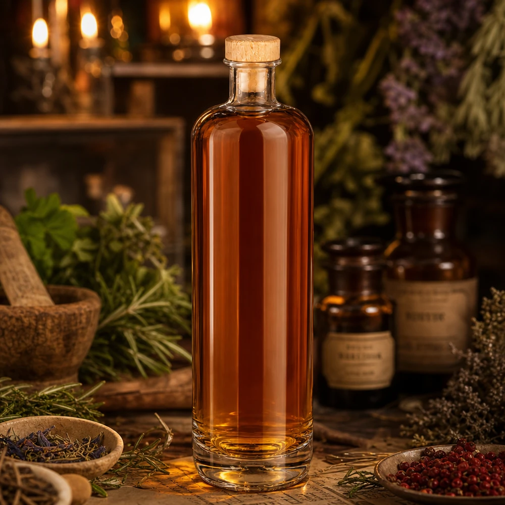 Bouteille en verre 700 ml « Ella » avec bouchon en bois UNiTWIST® Bouteille en verre Ella de 700 ml au contenu ambré et au bouchon en bois dans une atmosphère rustique de pharmacie aux herbes