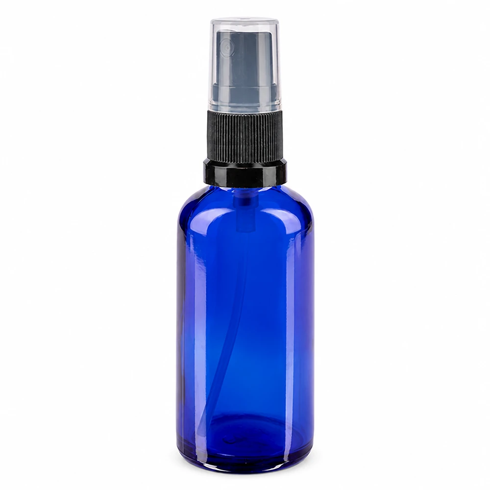 Flacon en verre d'apothicaire bleu cobalt de 50 ml avec vaporisateur à pompe noir STD