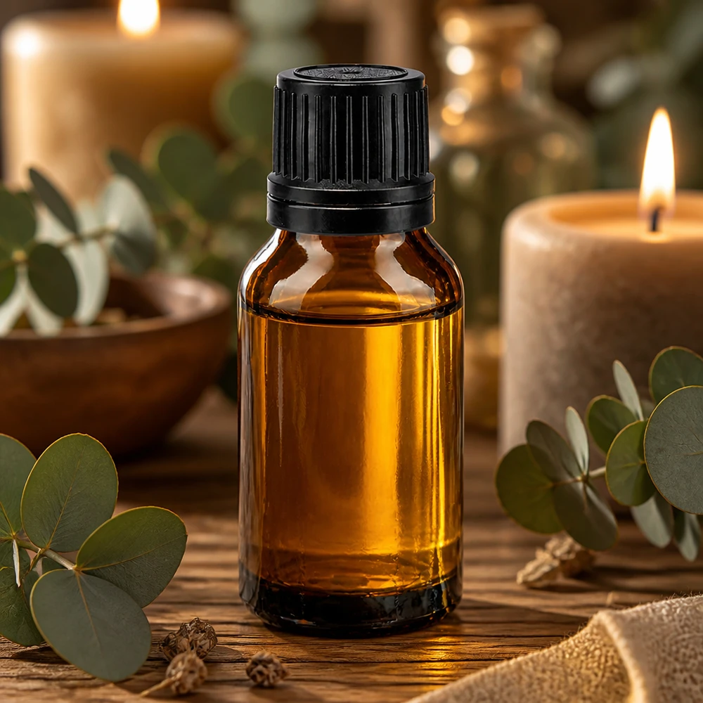 Flacon de pharmacie de 15 ml, couleur ambre, avec bouchon noir, sur fond en bois