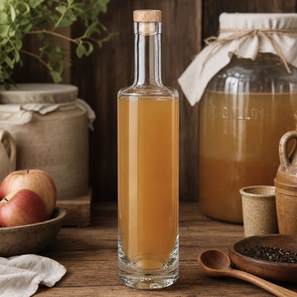 Bouteille en verre Lina de 500ml avec bouchon en bois remplie de liqueur de pomme cuisine rustique pomme herbes ambiance
