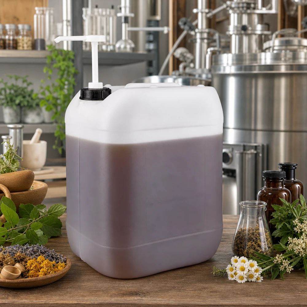 Grand bidon en plastique de 20 L avec pompe pour extraits d'herbes, à côté d'un mortier et de bouteilles en verre