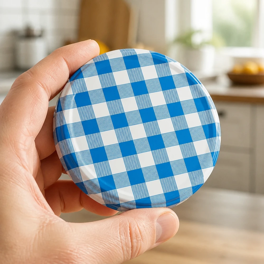 Couvercle métallique TO82 82 mm, à carreaux bleus et blancs, pour bocaux de confiture et de conserves