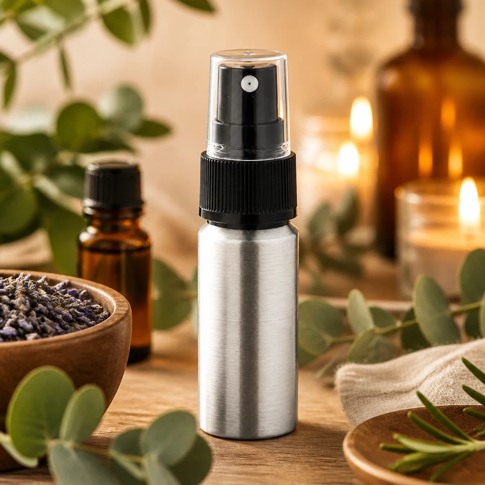 Bouteille en aluminium poncé 20 ml, avec vaporisateur à pompe noir Vaporisateur compact de 20 ml en aluminium robuste avec tête de vaporisation noire ergonomique