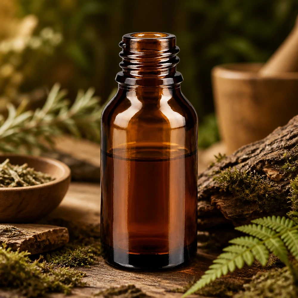 Flacon avec compte-gouttes 15 ml DIN18 - verre ambré Bouteille en verre brun de 15ml ApoGlas dans un décor naturel de forêt avec mousse fougère et bois rustique pour la médecine naturelle