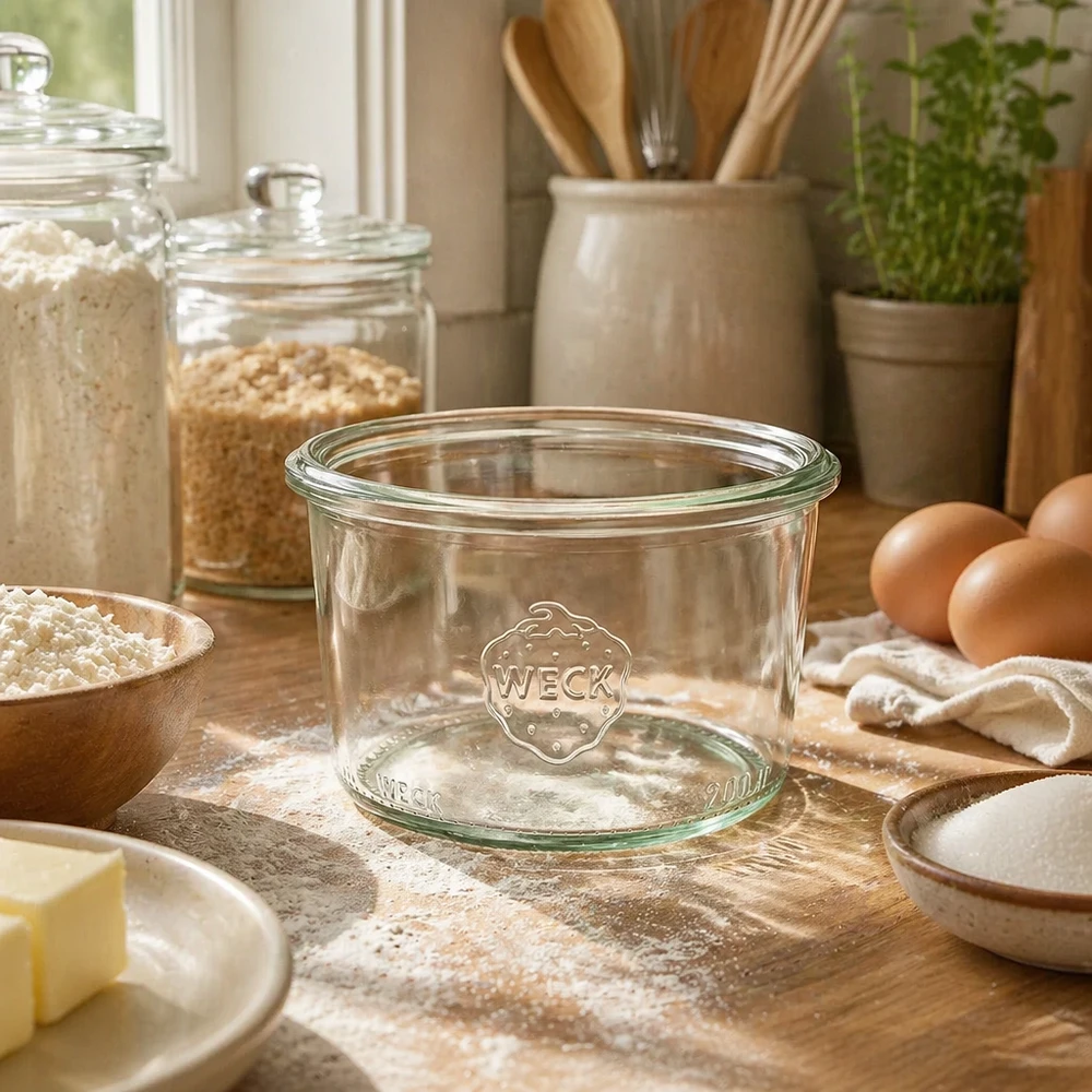 Bocal en verre de 200 ml WECK RR80 WECK Verre renversé 200ml RR80 en verre dans une cuisine rustique avec des ingrédients de cuisson et des ustensiles de cuisine