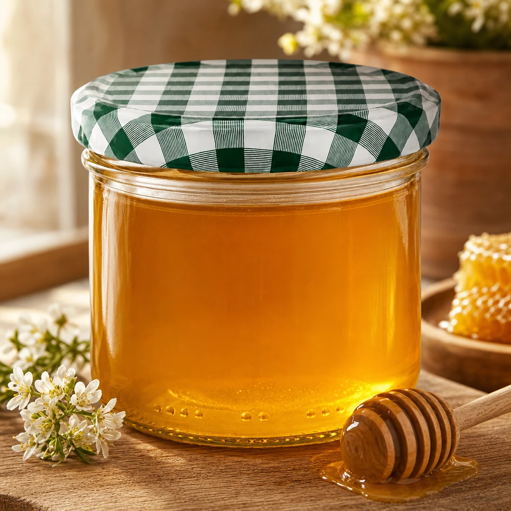 230ml Verre cylindrique avec couvercle BasicSeal vert/blanc UNiTWIST Pot de miel de 230 ml avec bouchon BasicSeal à carreaux verts et blancs, cuillère à miel et décoration florale sur table en bois