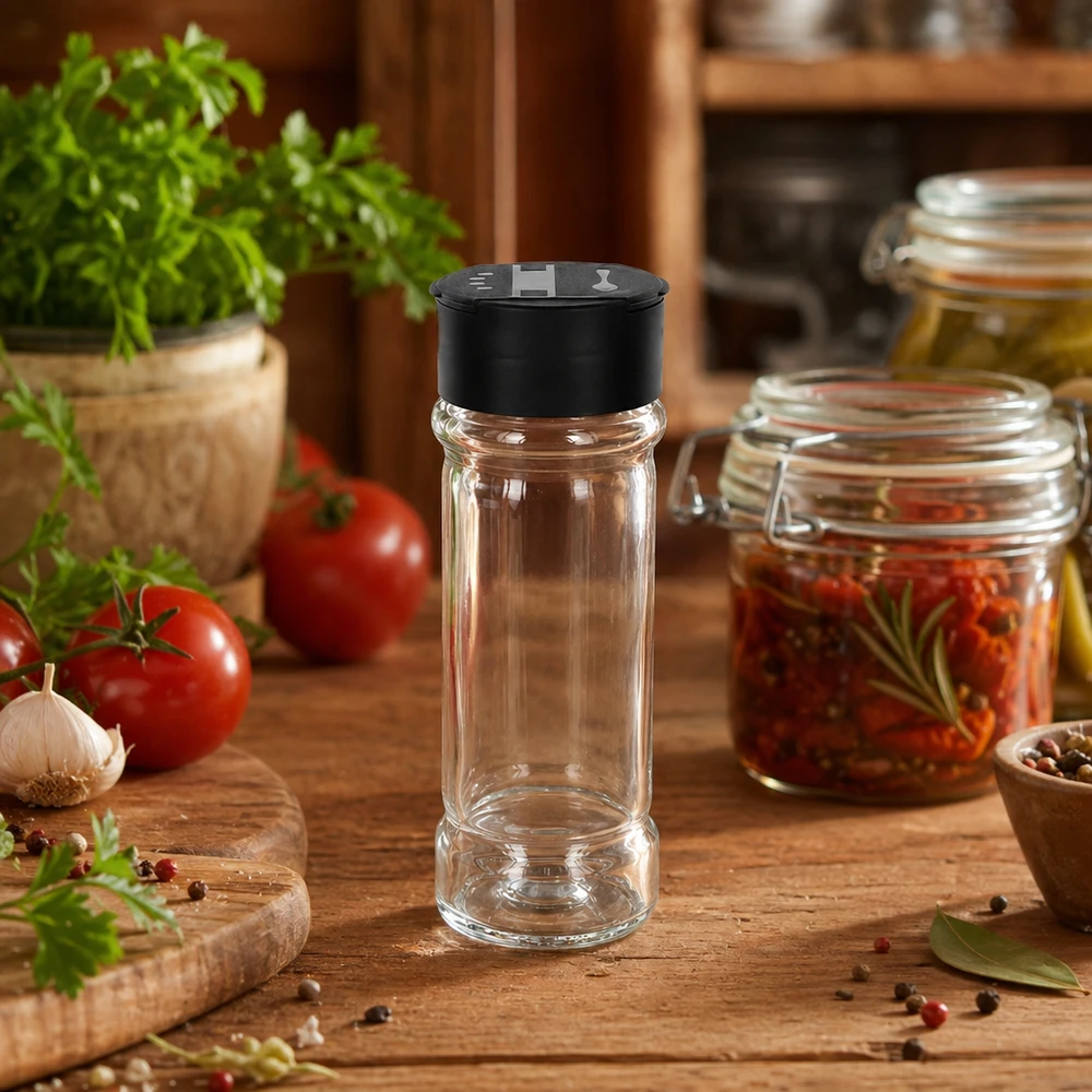 Pot à sel/épices 100 ml avec double saupoudreuse, noir Pot à épices rechargeable de 100 ml avec double saupoudreuse, à côté de tomates fraîches et d'ail