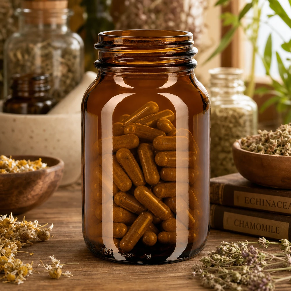 Bouteille robuste de 250 ml en verre brun à large ouverture pour un stockage sûr des compléments alimentaires