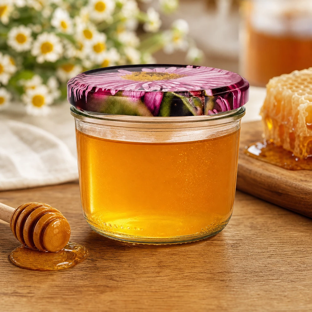 230ml Verre conique avec couvercle BasicSeal decor floral UNiTWIST Verre renversé couleur miel 230 ml avec couvercle à fleur BasicSeal, cuillère à miel et morceaux de nid d'abeille sur table en bois avec camomille