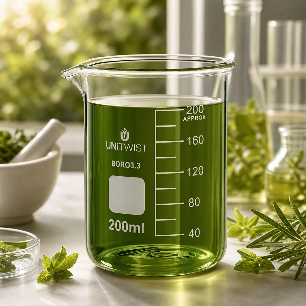 Bécher 200ml borosilicate, forme basse UNiTWIST Verre à bec UNiTWIST, forme basse, 200 ml, BORO3.3, idéal pour les préparations à base de plantes et les extraits naturels