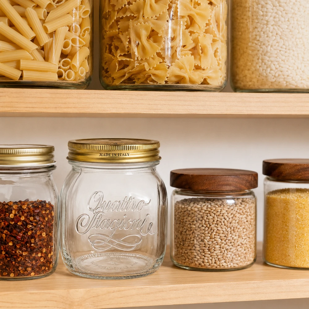 Quattro Stagioni Pot de conservation 700ml dans l'office organisé avec des pâtes et des épices équipement de cuisine italienne