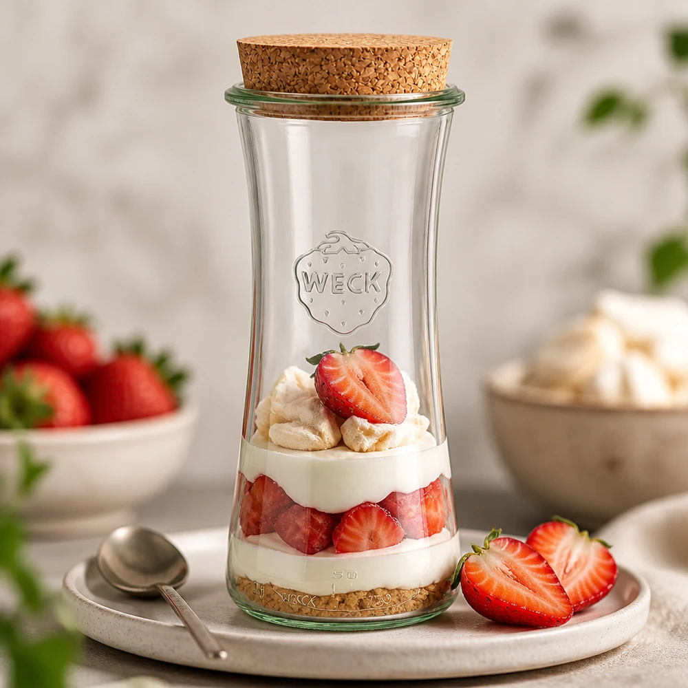 WECK RR80 Pot d'épicerie fine 700ml avec bouchon rempli comme une couche de dessert aux fraises avec de la crème sur un plateau de service blanc
