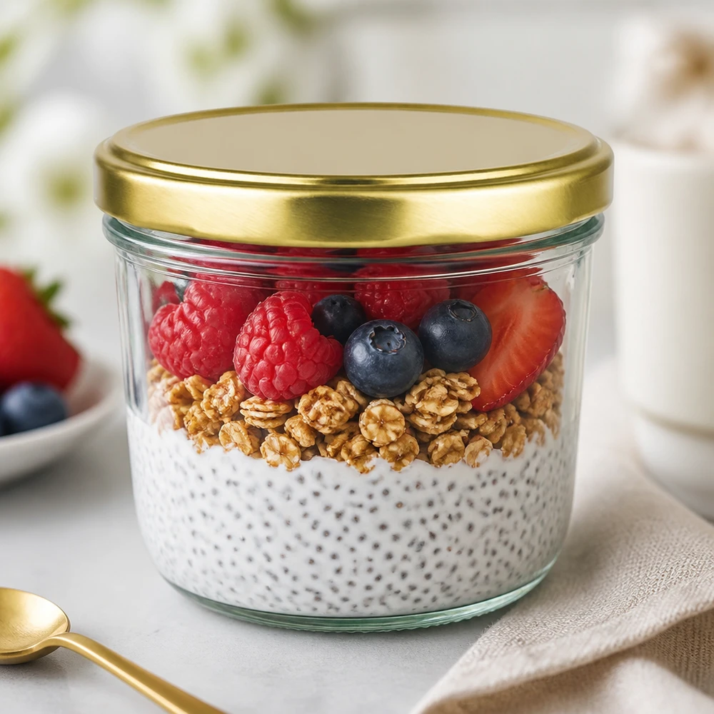 230ml Verre conique avec couvercle BasicSeal or UNiTWIST Verre renversé de 230 ml avec couvercle doré rempli de pudding au chia, de noix et de baies comme exemple d'utilisation