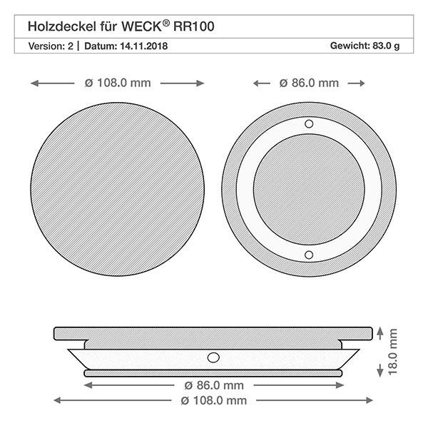 Couvercle en bois RR100 WECK Technische Zeichnung WECK RR100 Holzdeckel mit Maßangaben 108mm Durchmesser und 18mm Höhe für perfekte Passform