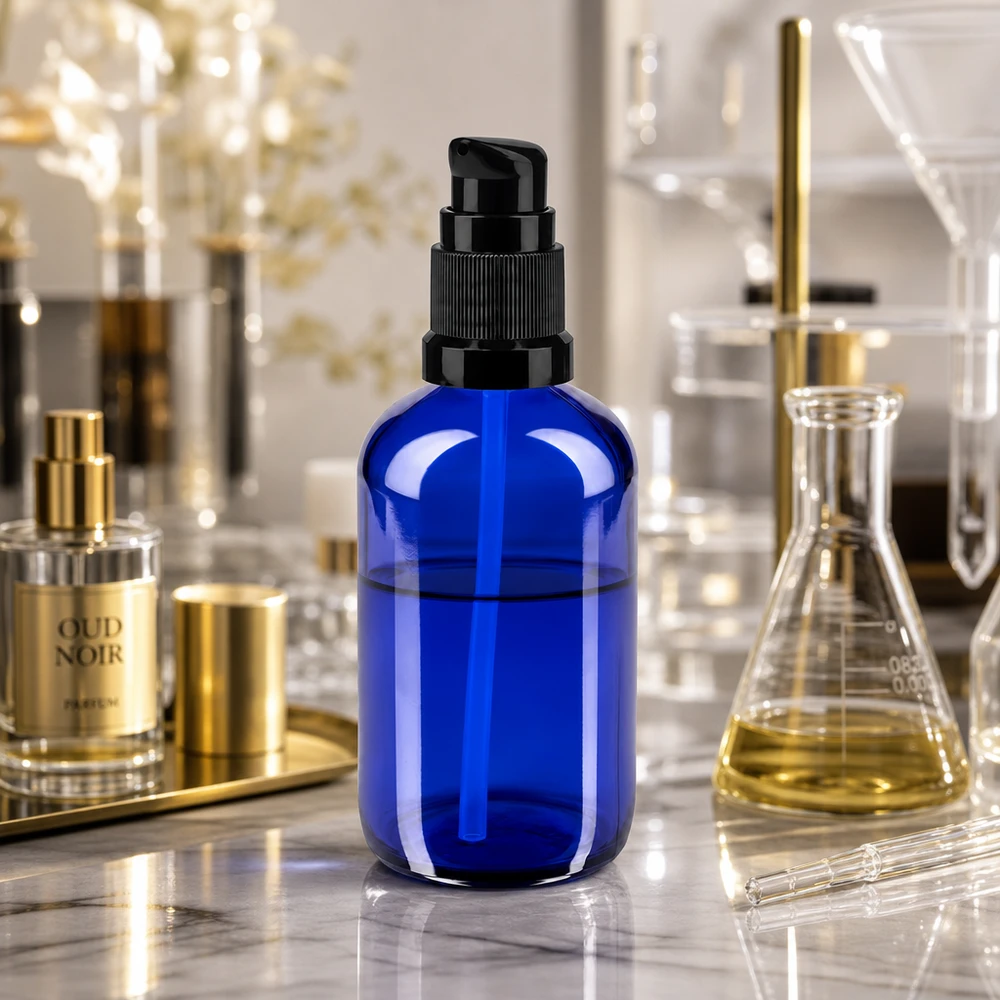 Flacon en verre d'apothicaire STD bleu de 100 ml avec bouchon pompe, à côté d'un ballon d'Erlenmeyer et de flacons de parfum