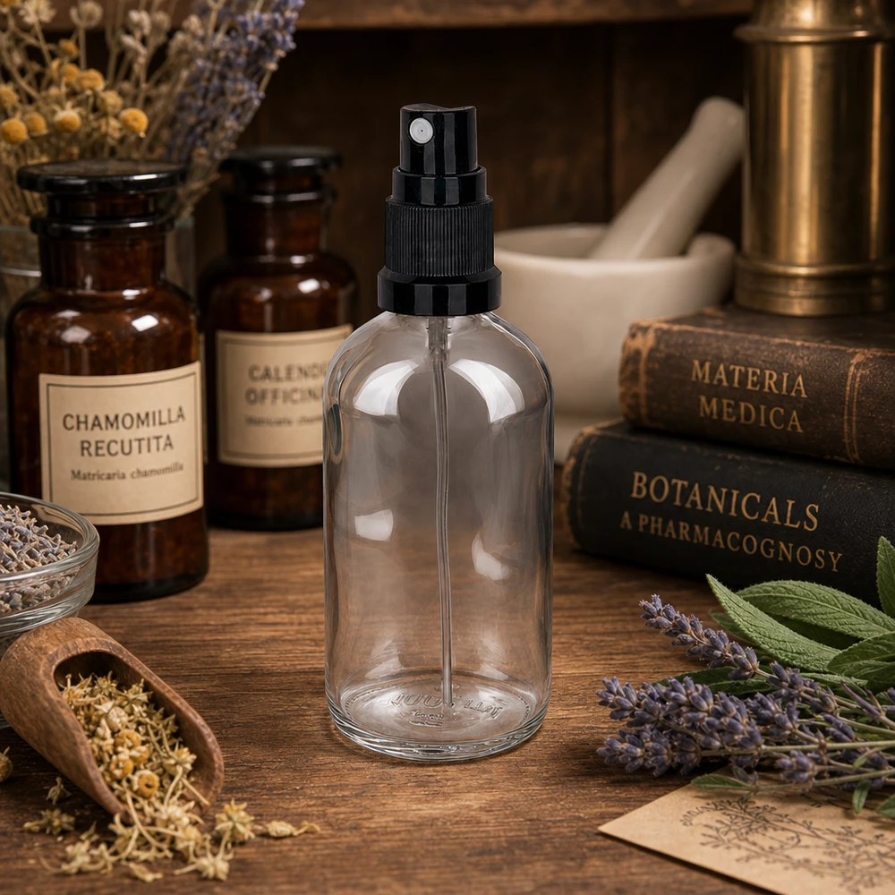 100ml vaporisateur noir/tr. STD ClearLine UT18/100 Flacon pulvérisateur de pharmacie de 100 ml en verre transparent avec une pompe noire, entre des livres sur les herbes et des plantes médicinales