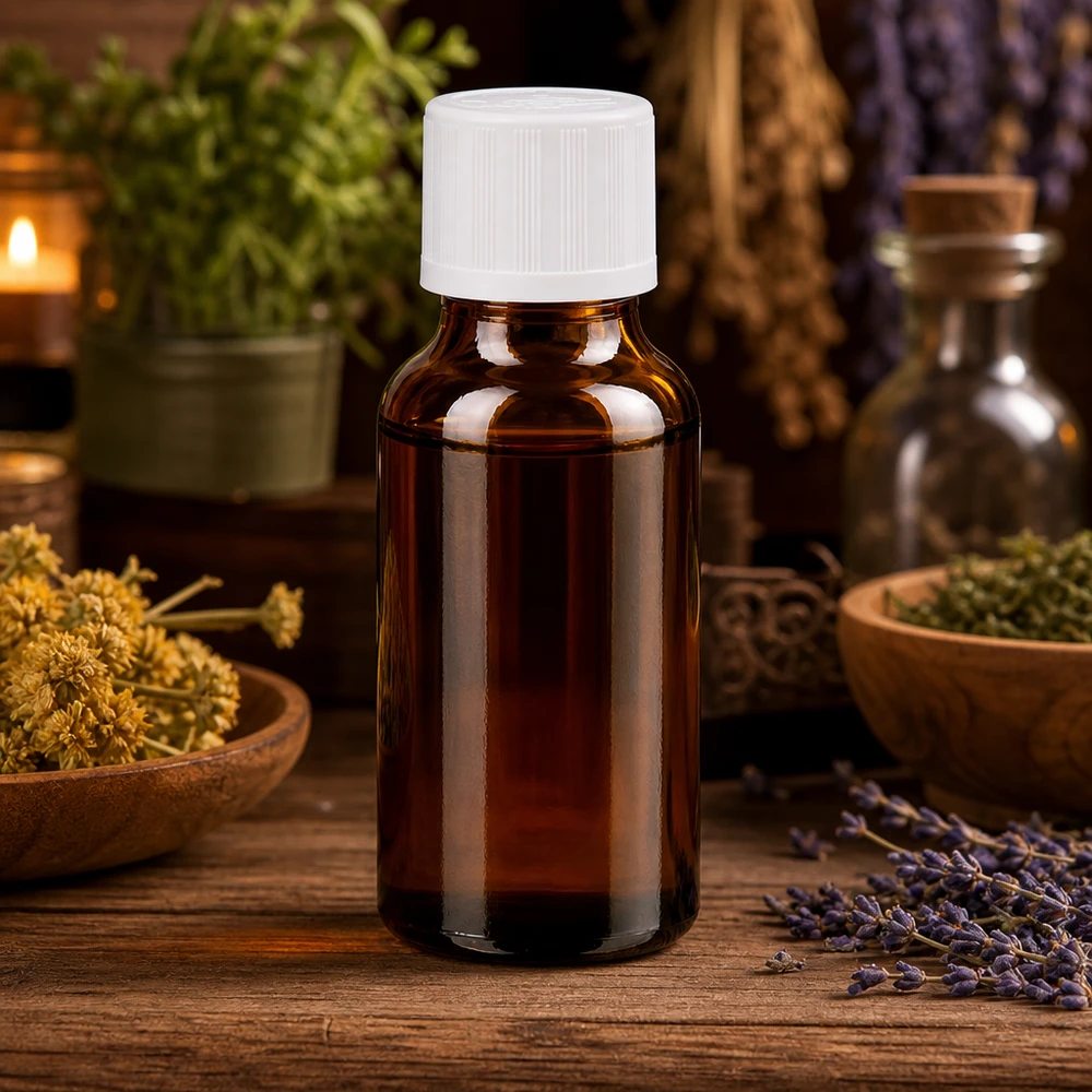 Flacon pharm. brun 20ml, bouchon vissable blanc, sécu. enfant std. Flacon de pharmacie de 20 ml en verre ambré, muni d'un bouchon blanc à l'épreuve des enfants, posé sur un socle en bois rustique orné de lavande