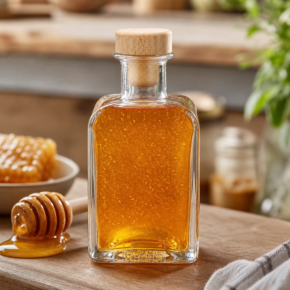 Flacon à pharmacie 200 ml « Clara » avec bouchon en bois UNiTWIST® Bouteille en verre Clara de 200 ml remplie de miel Bouchon en bois Cuillère à miel Cire d'abeille Édulcorant naturel Accessoires de cuisine