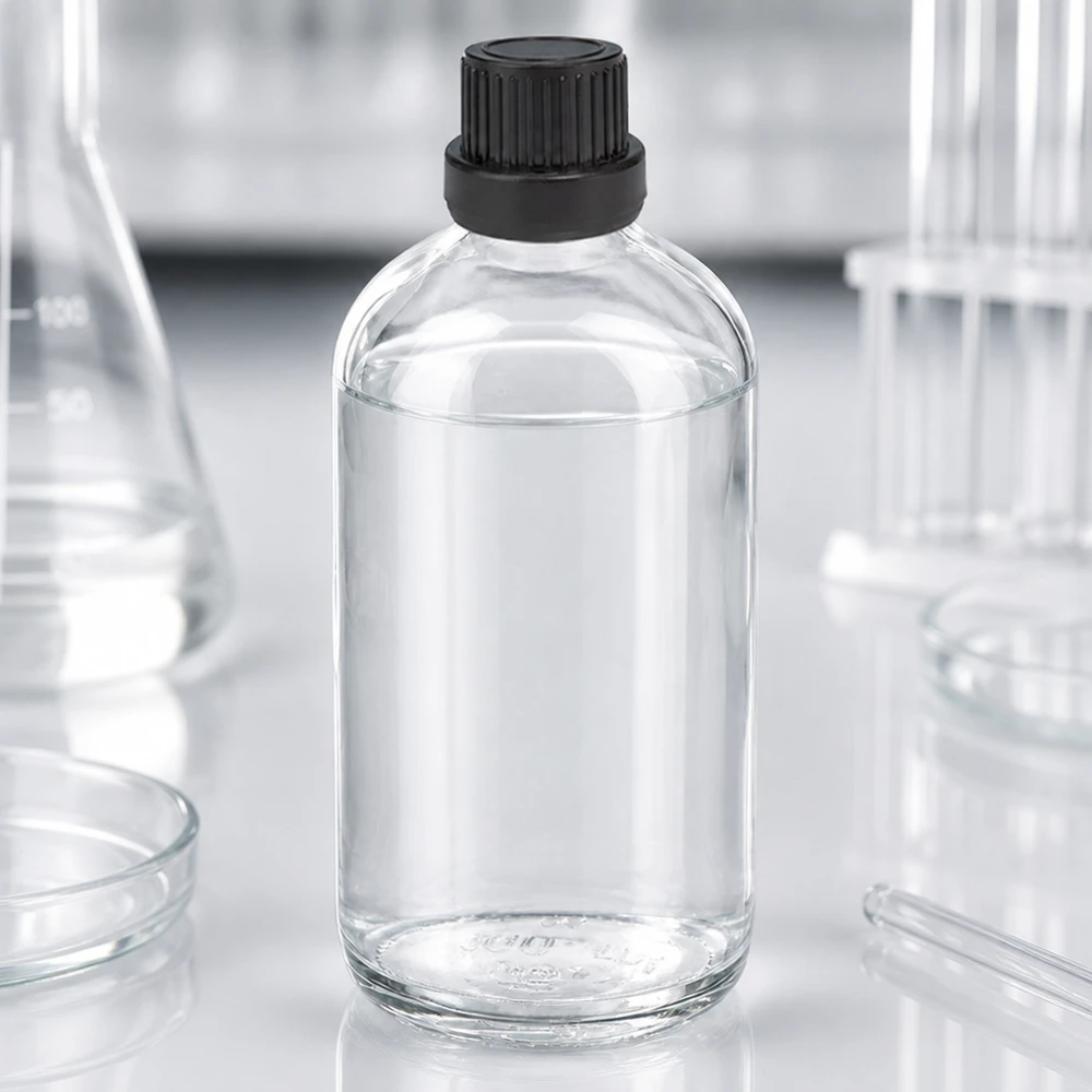 Flacon de laboratoire cylindrique de 100 ml avec goulot verseur de 2 mm et bouchon OV noir ClearLine