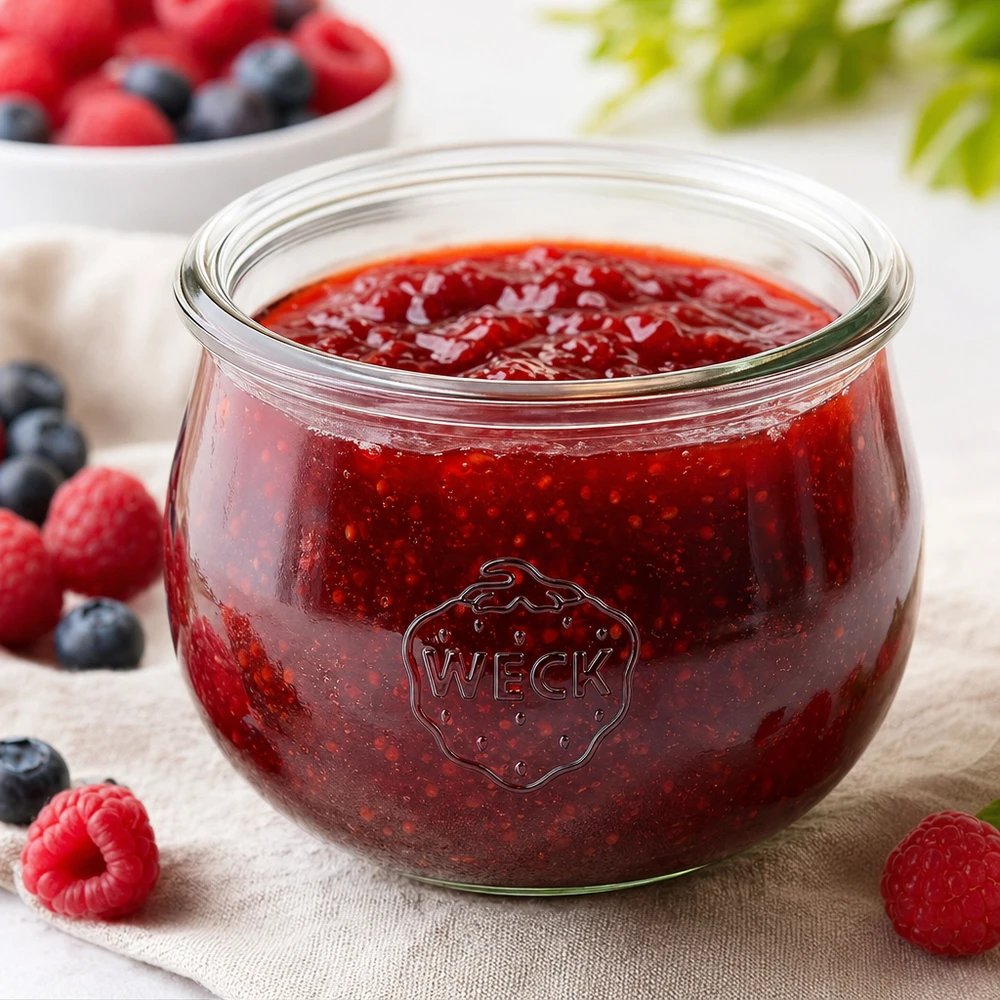 Bocal tulipe WECK RR100 de 580 ml WECK Pot tulipe 580ml RR100 rempli de confiture rouge, entouré de baies fraîches sur fond en bois