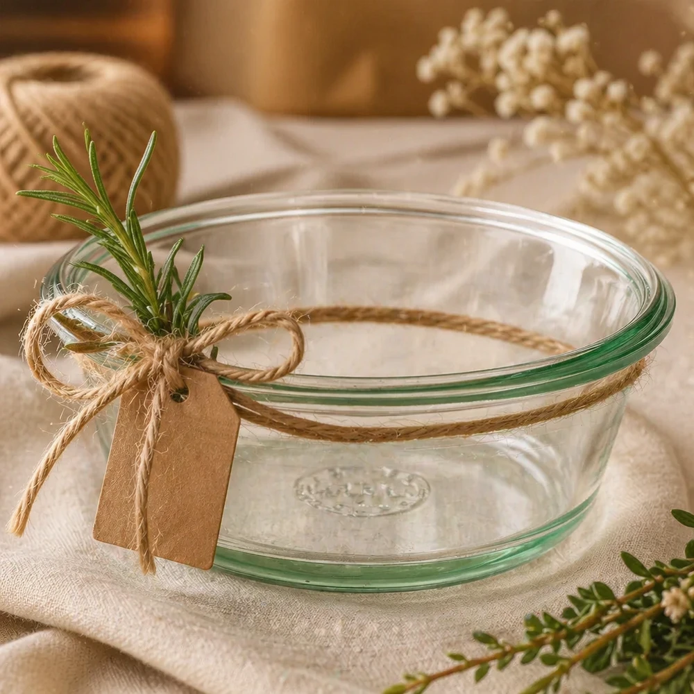 WECK RR120 Verre à gourmet 300ml décoratif mis en scène avec une ficelle de jute, des herbes et une étiquette cadeau comme idée de cadeau