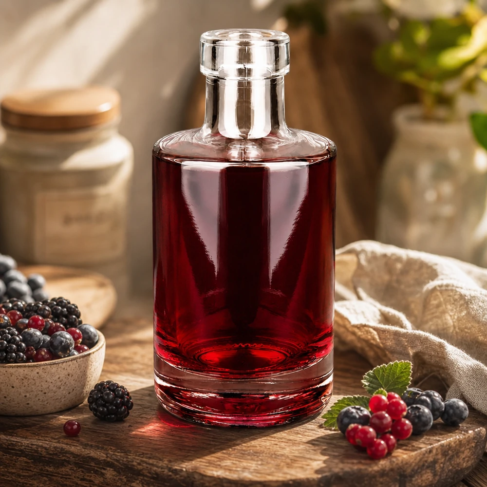 Bouteille en verre Marie de 200 ml remplie de liqueur de baies décoration rustique de cuisine avec des baies fraîches Exemple d'utilisation