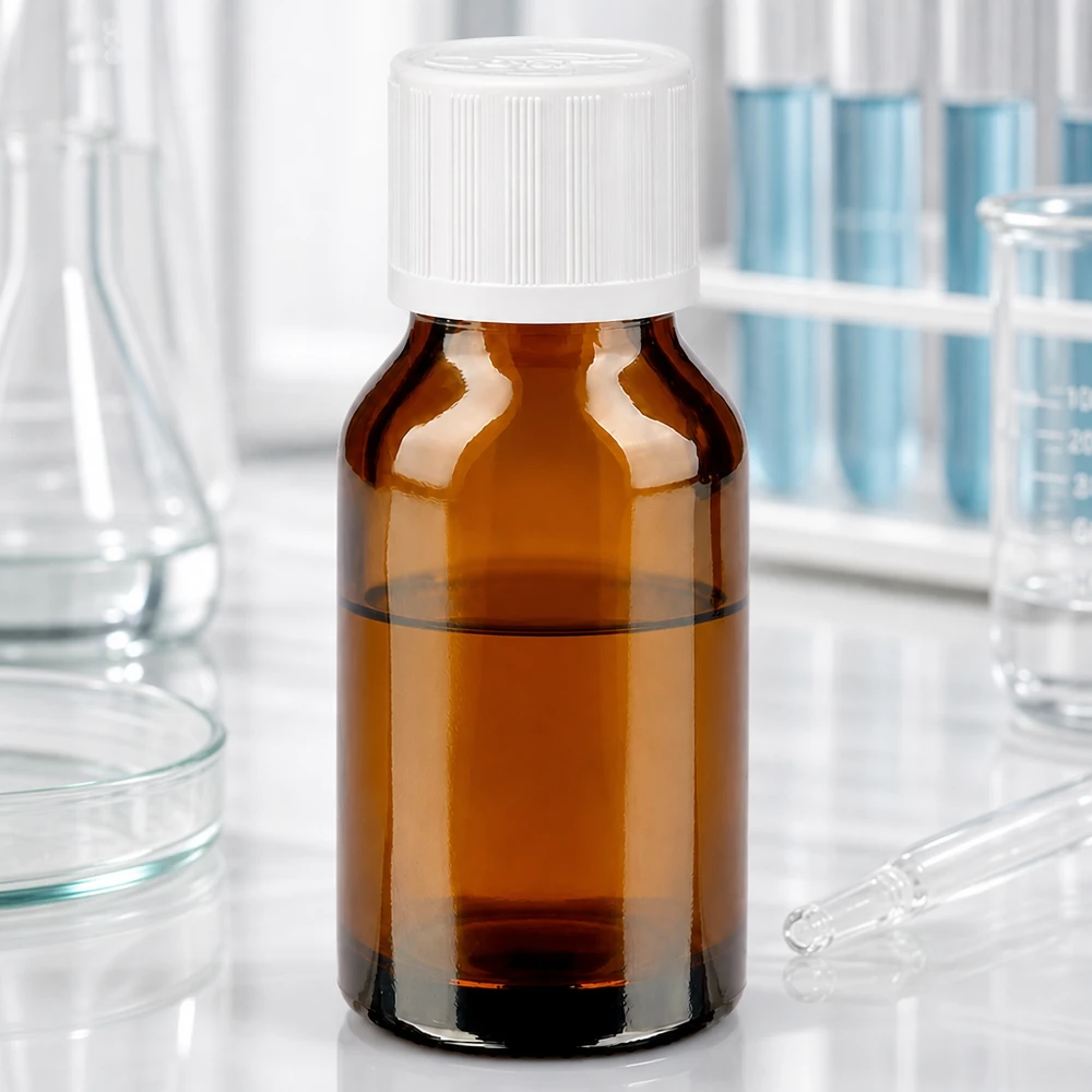 Flacon de pharmacie brun 30ml bouchon vissant blanc sécurité enfant std Petit flacon de laboratoire marron de 30 ml muni d'un bouchon KiSi blanc, posé entre des tubes à essai et une pipette