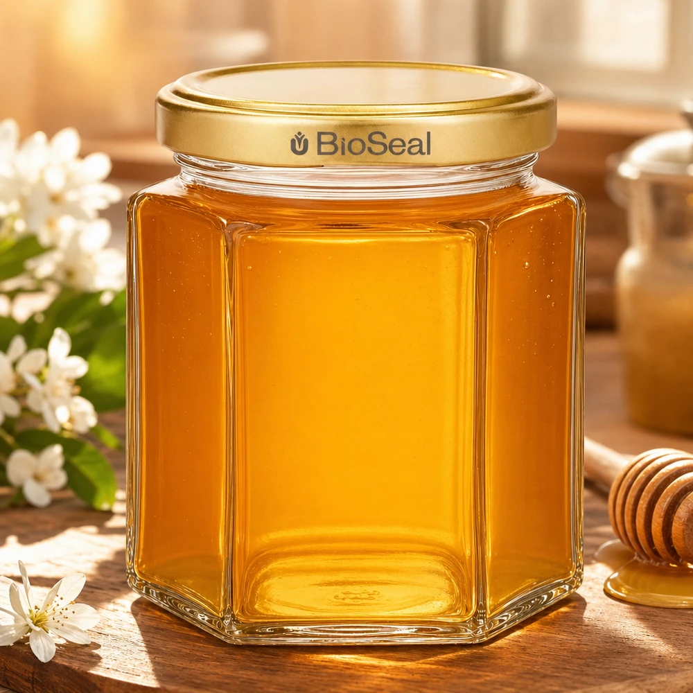 Pot de miel hexagonal de 250g rempli de miel doré Couvercle BioSeal Emballage apicole sur table en bois avec fleurs
