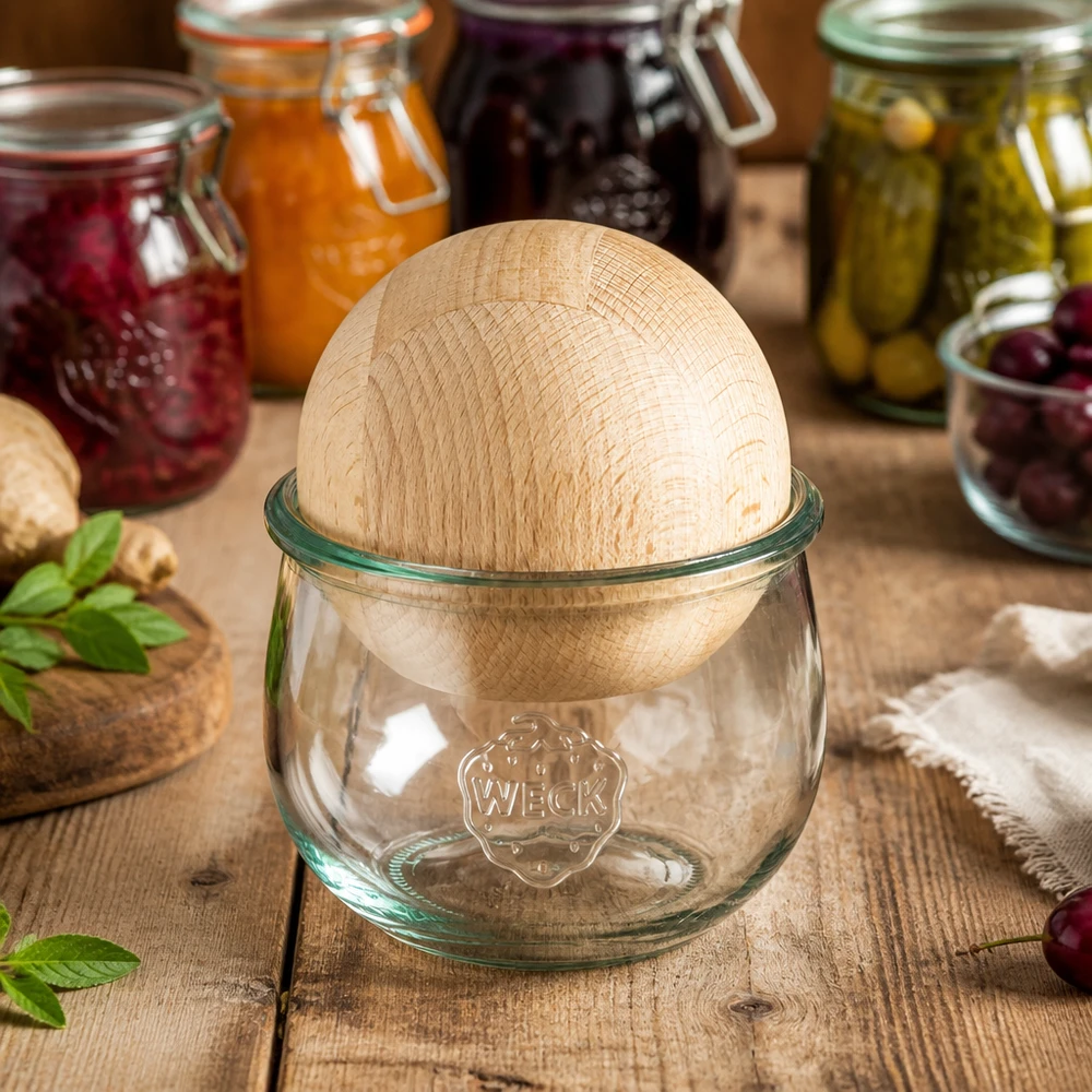 Pot à tulipe WECK RR100 avec boule en bois de hêtre dans une ambiance de cuisine à côté de bocaux colorés avec confitures et cornichons