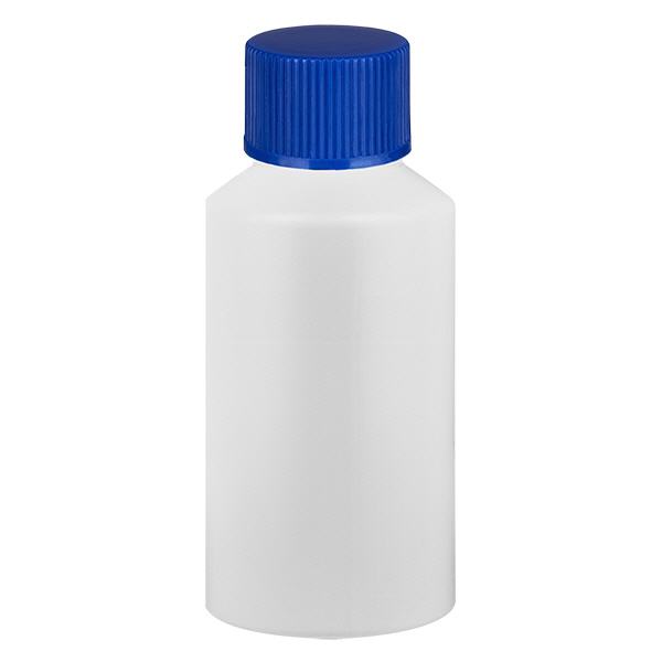 Flacon à pharmacie HDPE 50ml blanc, avec bouchon vissable bleu