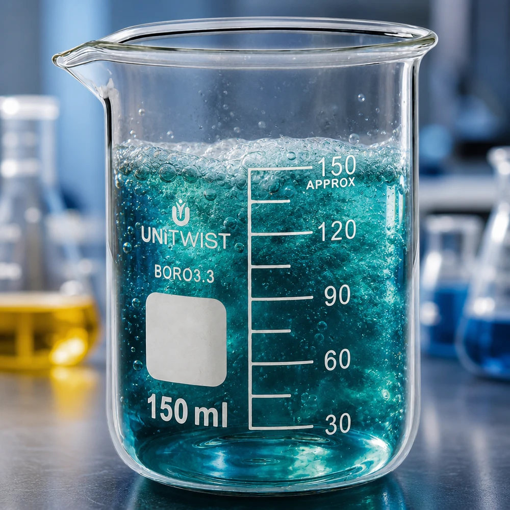 Bécher 150ml borosilicate, forme basse UNiTwist Verre à mesure de 150 ml UNiTwist BORO3.3, forme basse, avec échelle graduée en millilitres visible et bec verseur