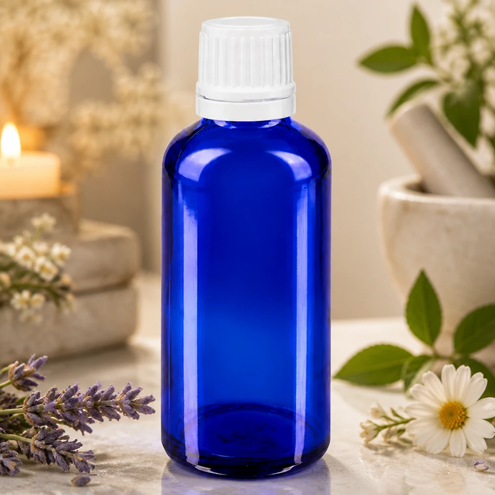 Flacon compte-gouttes ApoGlas de 50 ml, bleu, avec un orifice de 0,7 mm pour un dosage précis