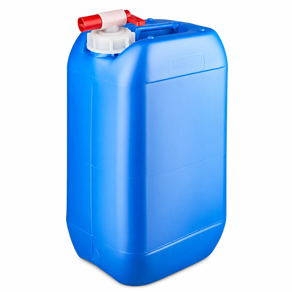 Bidon rectangulaire en PEHD de 15 L, de couleur bleue, muni d'un robinet pratique pour le remplissage et le prélèvement